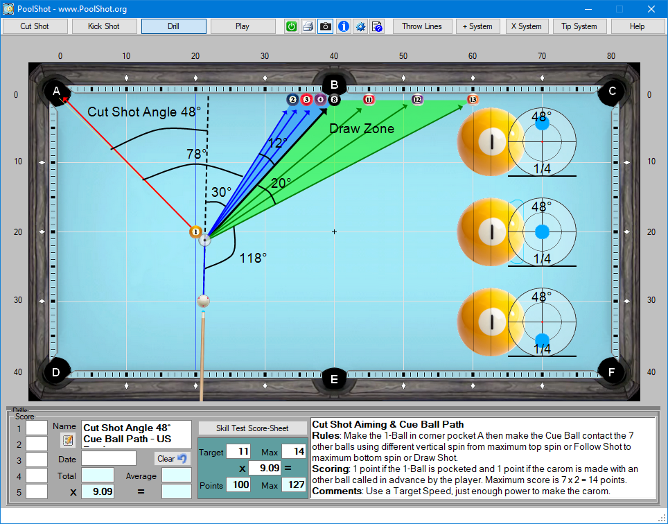 Cut Shot Angle 48° Cue Ball Path - US Pool